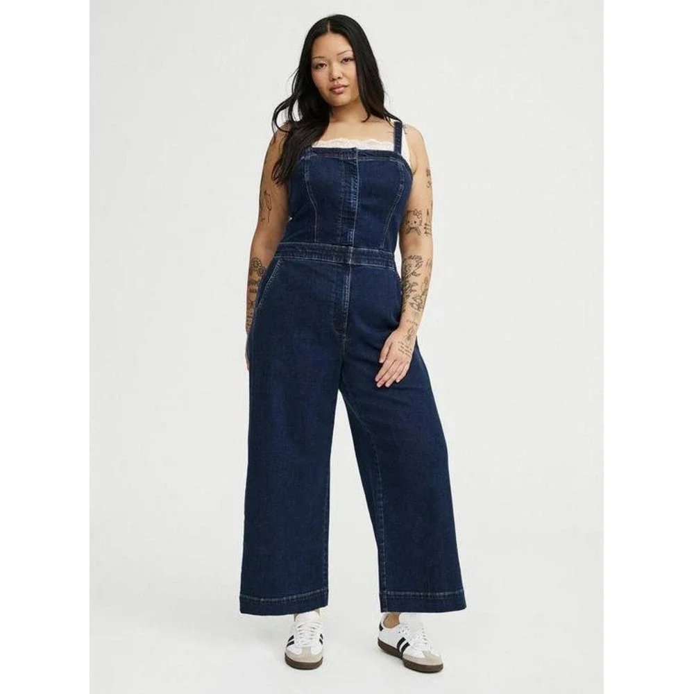 Torrid Denim Jumpsuit Women Plus Size 00 Dark Blue Wide Leg Sleeveless Stretch